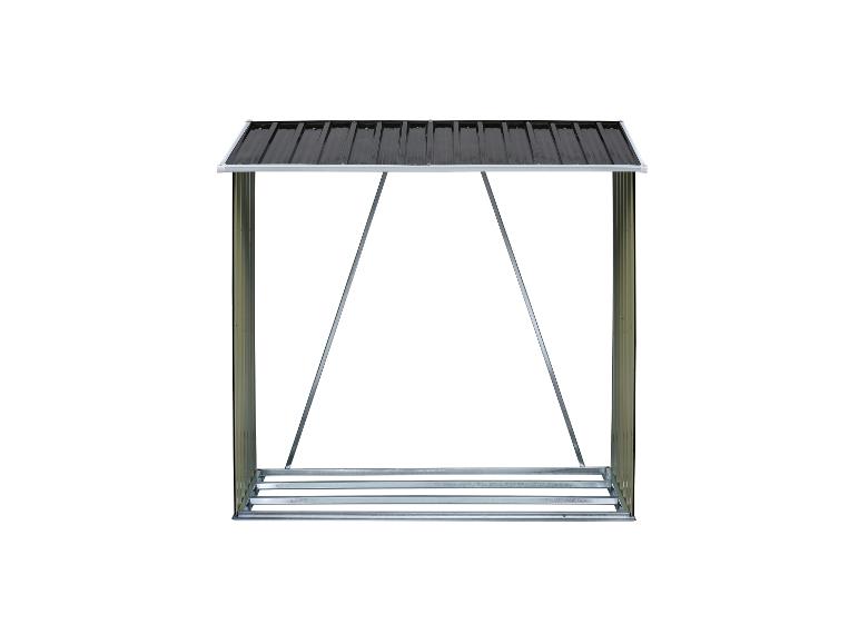 Une étagère métallique autoportante avec un toit sombre et des côtés ouverts.