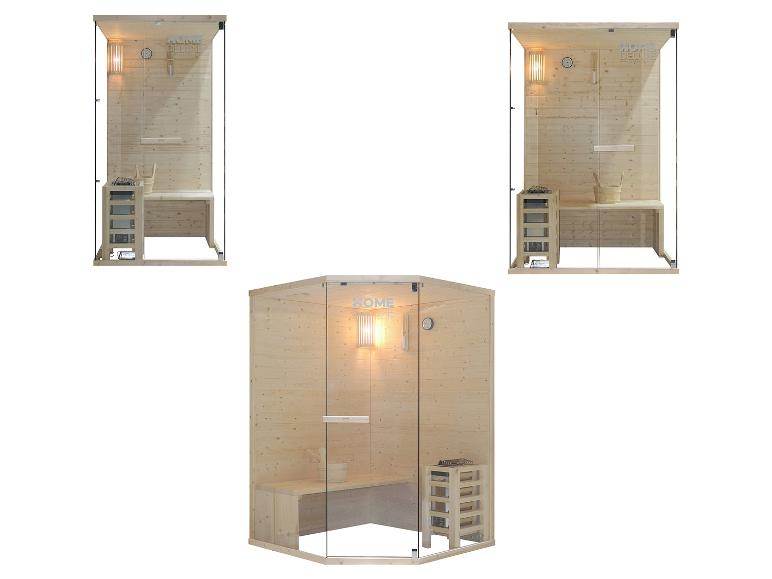 Trois saunas en bois différents avec portes vitrées et éclairage intérieur.