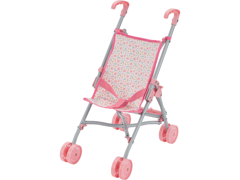 Poussette pour poupée rose avec motif floral.