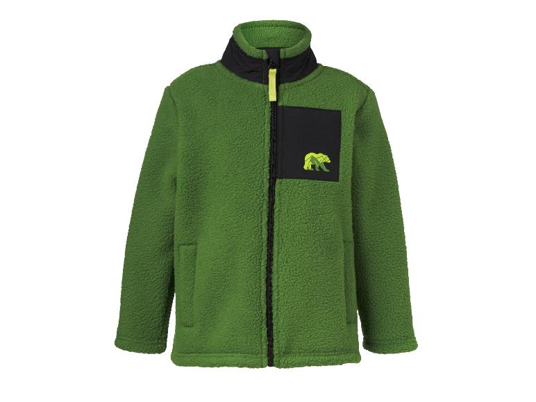 Veste polaire verte pour enfant avec fermeture éclair noire et poche poitrine à motif ours.
