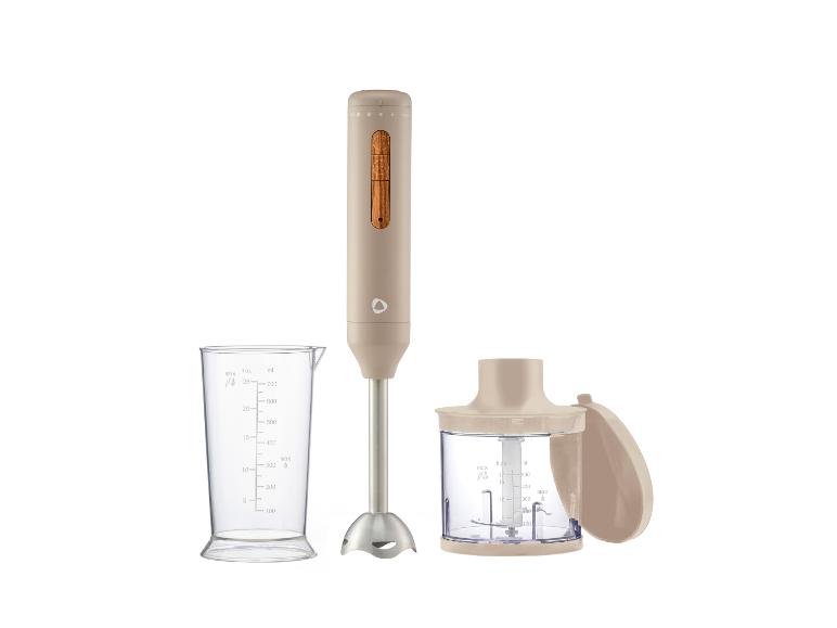 Mixeur plongeant beige avec verre doseur et hachoir, accents boisés.
