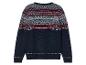 Un pull bleu marine avec un motif scandinave rouge et blanc.