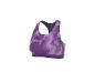 Brassière de sport violette avec un motif abstrait et des rayures diagonales.