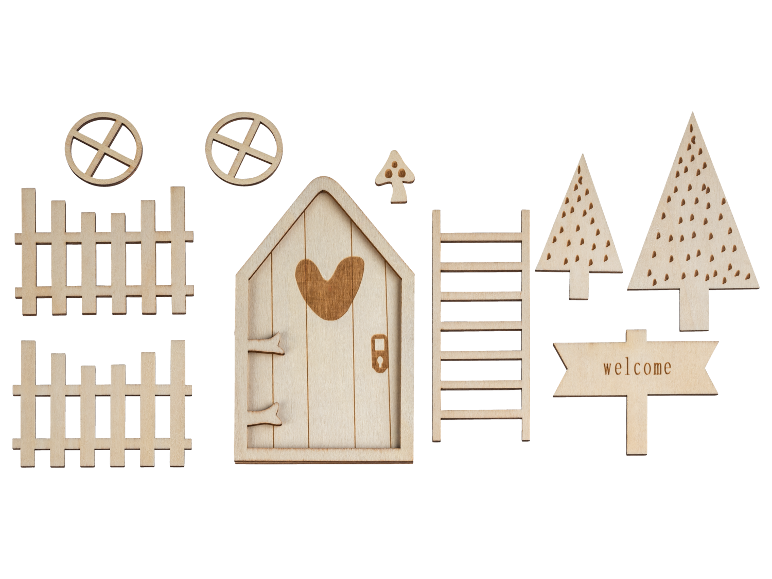 Kit de bricolage de jardin féerique en bois avec maison, clôtures, arbres et accessoires.