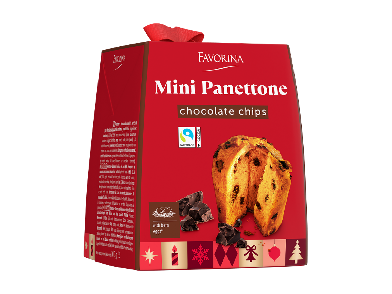 Mini Panettone aux pépites de chocolat, cacao Fairtrade et œufs de poules élevées en plein air, dans une boîte rouge festive.