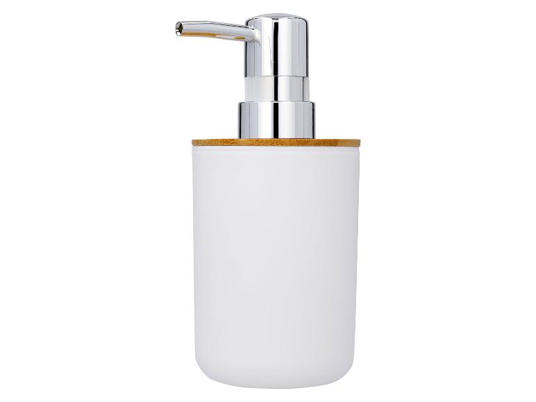 Distributeur de savon blanc avec pompe chromée et base en bambou