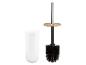 Un support de brosse de toilette blanc et une brosse de toilette noire avec un couvercle en bois.