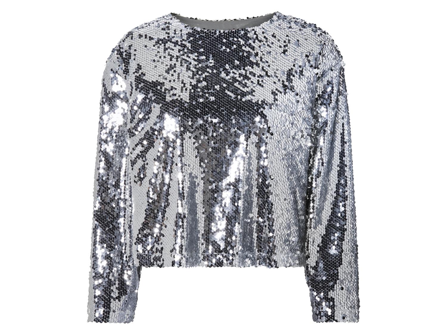 T-shirt Paillettes Femme Manches 3/4 - Col Rond - Tendance Haut Long - Violet Taille M