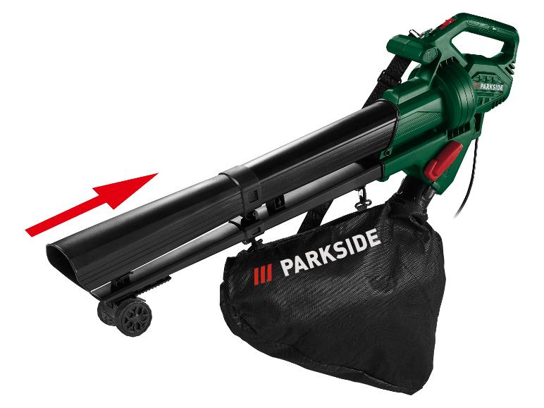 Souffleur-aspirateur de feuilles Parkside avec roues et sac de collecte, indiquant la direction du flux d'air.