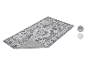 Tapis gris avec motif persan blanc et noir, avec deux échantillons de couleur.