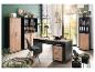 Bureau moderne avec bureau, bibliothèque et armoires en noir et bois clair.