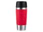 Mug de voyage rouge et argenté avec texte sur le thème du café et motif ondulé.