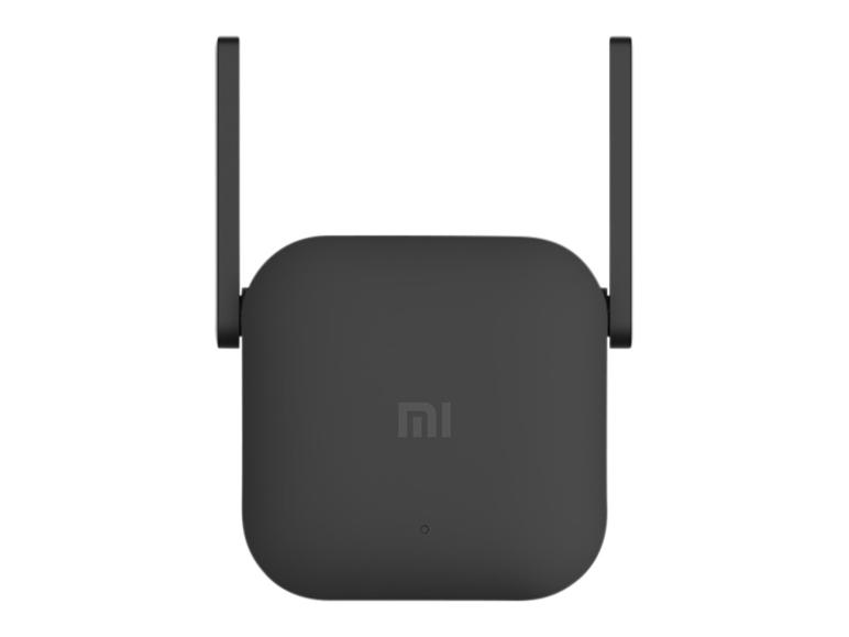 Un répéteur Wi-Fi Xiaomi noir avec deux antennes externes, sur fond blanc.