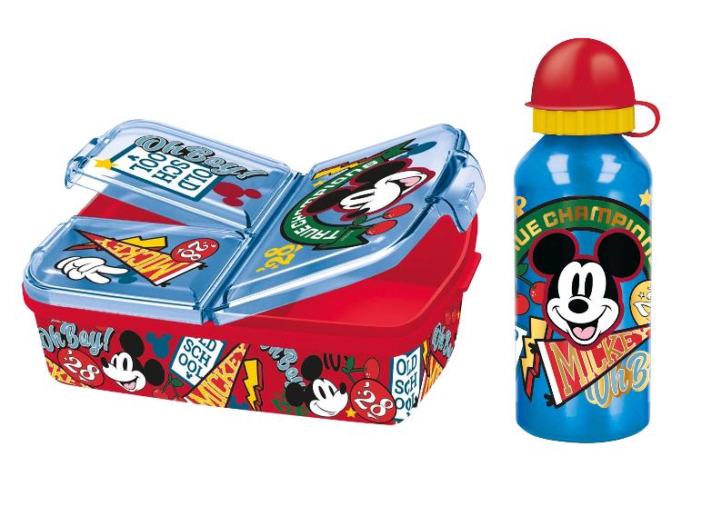 Boîte à lunch rouge et bleue avec gourde assortie, décorées de motifs de dessin animé.