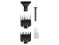 Accessoires de tondeuse à cheveux : cache-lame, brosse de nettoyage, deux sabots et huile.