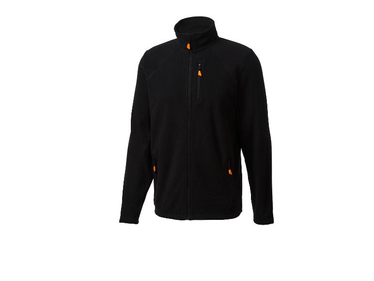 Veste polaire noire avec fermeture éclair et détails orange.