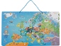 Carte enfantine de l'Europe avec des illustrations de pays, d'animaux et de monuments culturels.