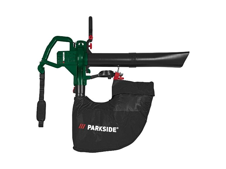 Souffleur de feuilles électrique vert et noir avec sac de collecte.