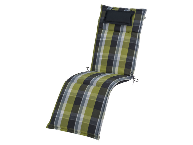 Un coussin de chaise longue vert et gris à carreaux avec un coussin de tête noir