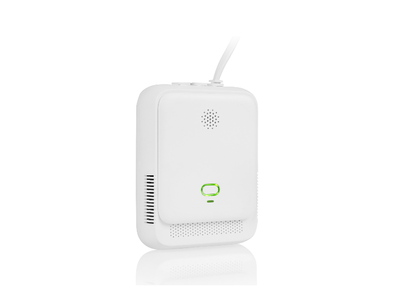 Moniteur de qualité de l'air rectangulaire blanc avec indicateur lumineux vert et câble blanc.