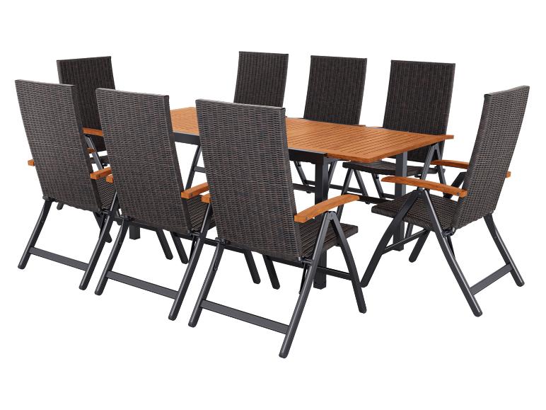 Ensemble de mobilier de jardin en rotin avec table rectangulaire et huit chaises pliantes