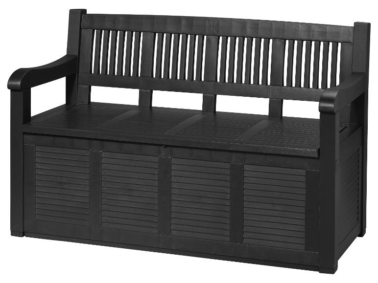 Banc de rangement d'extérieur noir avec dossier à lattes et accoudoirs.