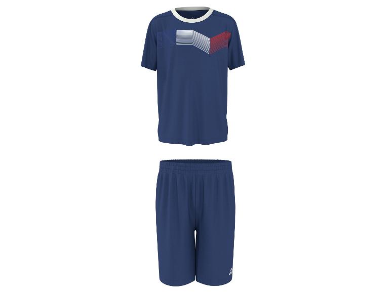 Ensemble t-shirt et short bleus avec un motif à rayures blanches et rouges.