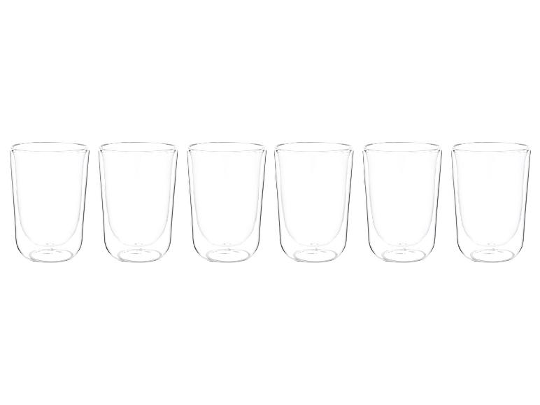 Six verres à double paroi alignés sur un fond blanc.