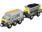 Train jouet gris et jaune avec un wagon de charbon, numéro 84.