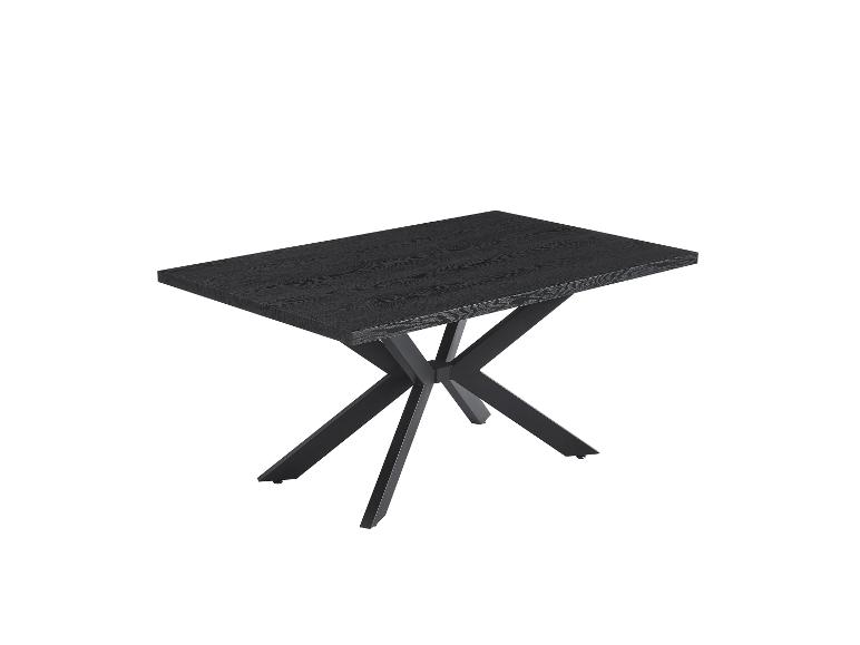 Table à manger noire avec plateau aspect bois et piètement métallique en forme de X.