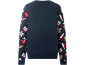 Vue arrière d'un pull de Noël bleu foncé avec des manches à motifs