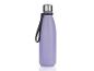 Une bouteille isotherme violette avec une sangle noire.