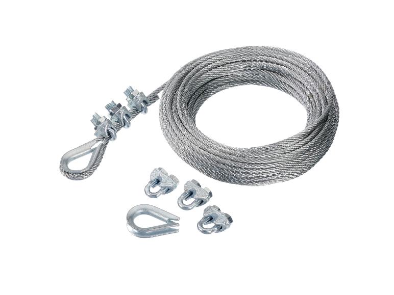 Câble en acier avec boucle et serre-câbles, accompagné de serre-câbles et d'une cosse supplémentaires.