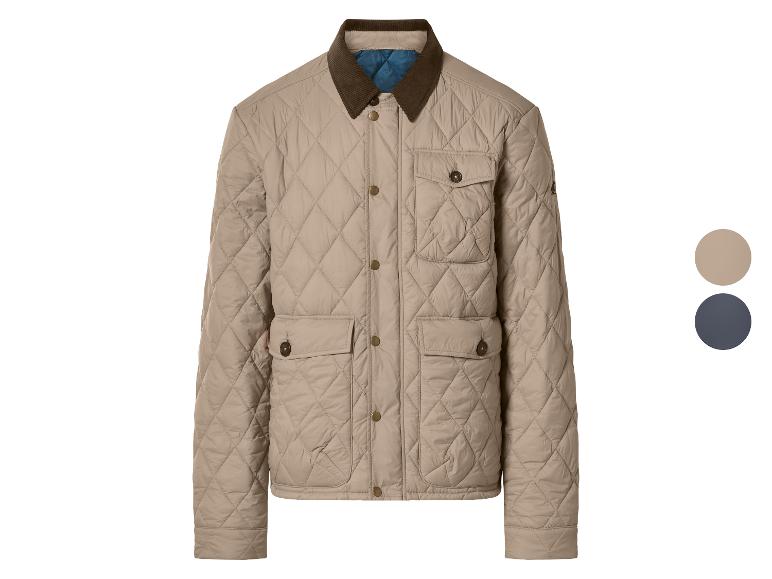 Veste matelassée beige avec col marron et poches, avec des échantillons de couleur.