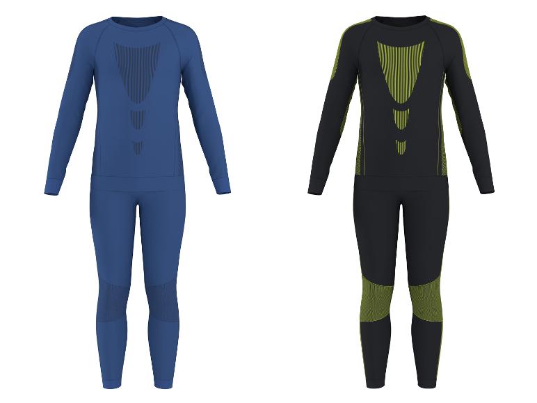 Deux ensembles de sous-vêtements thermiques pour hommes, un bleu et un noir avec des accents verts.