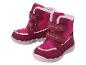 Une paire de bottes d'hiver roses et fuchsia pour enfants avec doublure en fourrure et fermeture velcro.