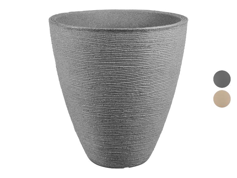 Pot de fleurs gris texturé avec un design côtelé subtil, montré avec des échantillons de couleurs.