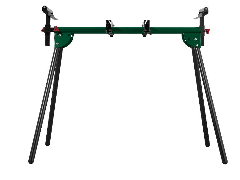 Table de travail pliante verte avec supports réglables.