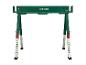 Tréteau vert PARKSIDE avec pieds réglables et mécanismes de verrouillage rouges.