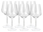 Six verres à vin rouge vides.