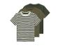 Trois t-shirts : un rayé et deux unis verts.