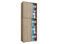 Une armoire en bois avec des portes coulissantes, remplie de classeurs.