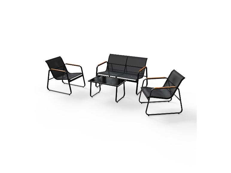 Ensemble de salon de jardin avec canapé deux places, deux fauteuils et table basse.