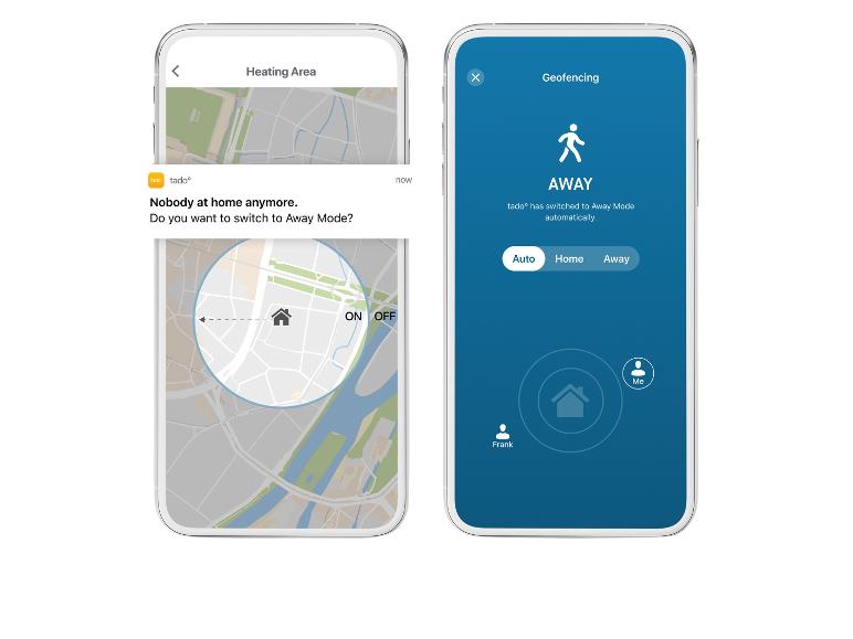 Deux écrans de smartphone affichant une application de maison intelligente pour le contrôle du chauffage et le géorepérage.