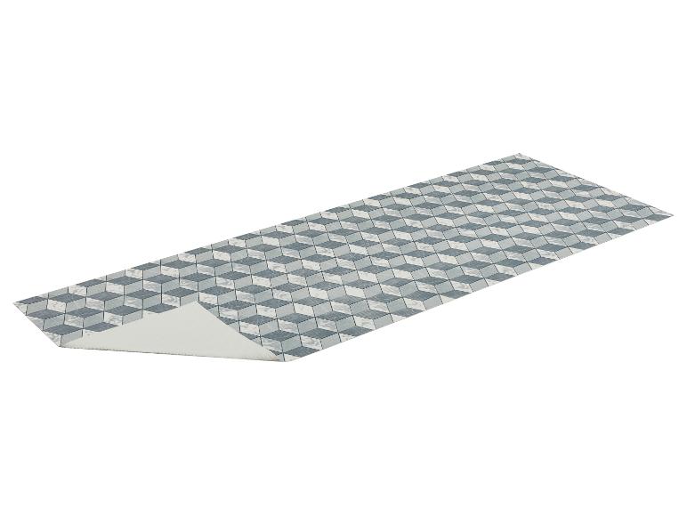 Tapis de couloir avec motif géométrique de cubes 3D en tons bleus et blancs