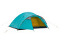 Une tente de camping turquoise avec un intérieur jaune.