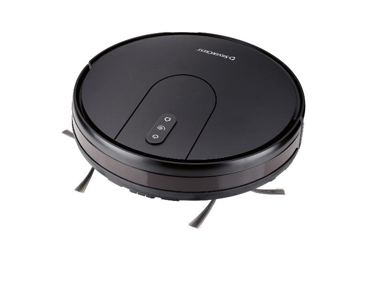 Aspirateur robot noir de marque Silvercrest avec boutons de commande sur le dessus.