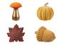 Collection d'objets décoratifs d'automne : champignon, citrouille, feuille et gland.