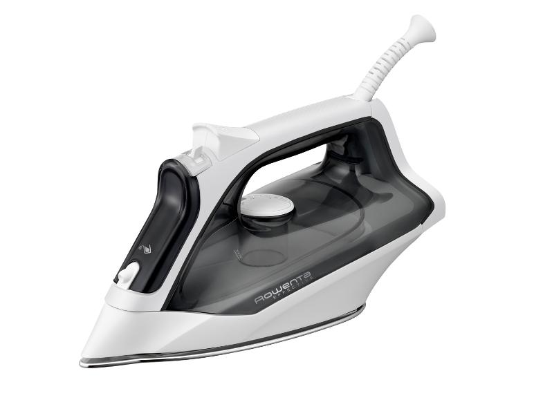 Fer à vapeur blanc avec des éléments noirs et transparents, vu en angle.