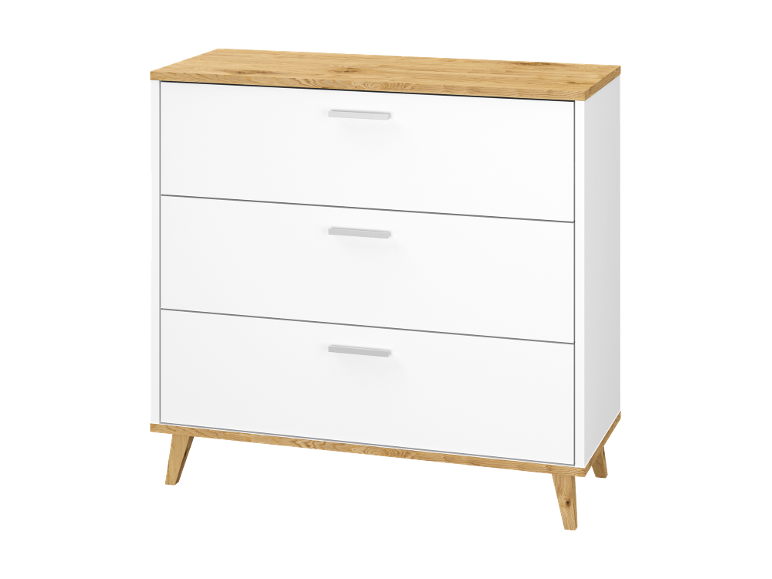 Commode moderne blanche à trois tiroirs avec détails en bois.